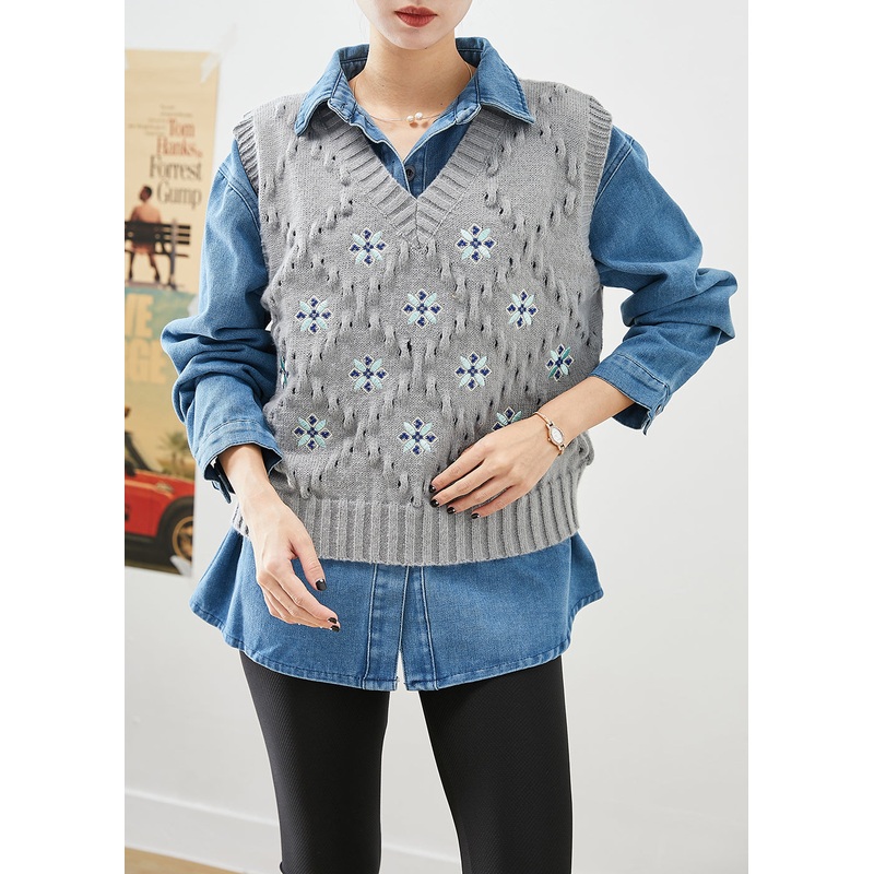 Fashion Oversized Thick Knit Vest And Denim Shirt Two Piece Set Outfits Fall