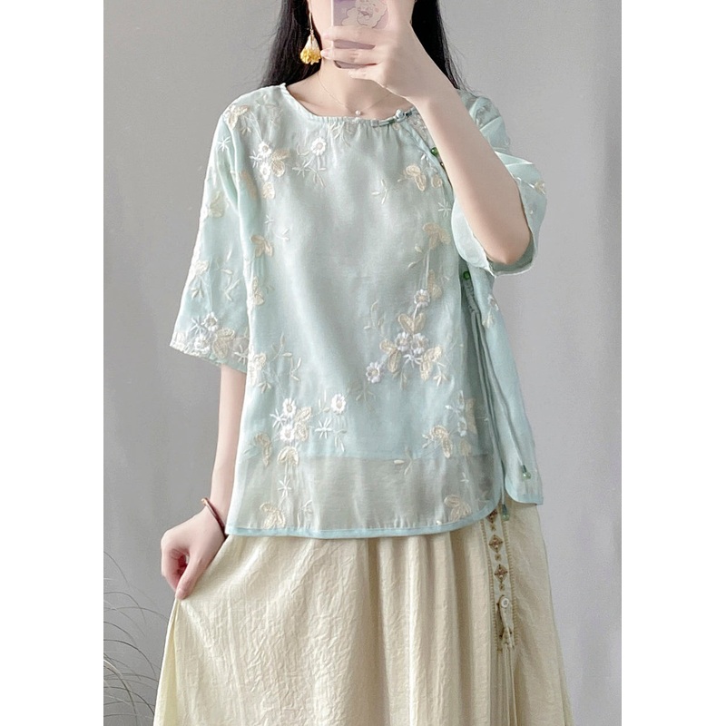 Fine Green Embroideried Button Silk Linen Top Half Sleeve