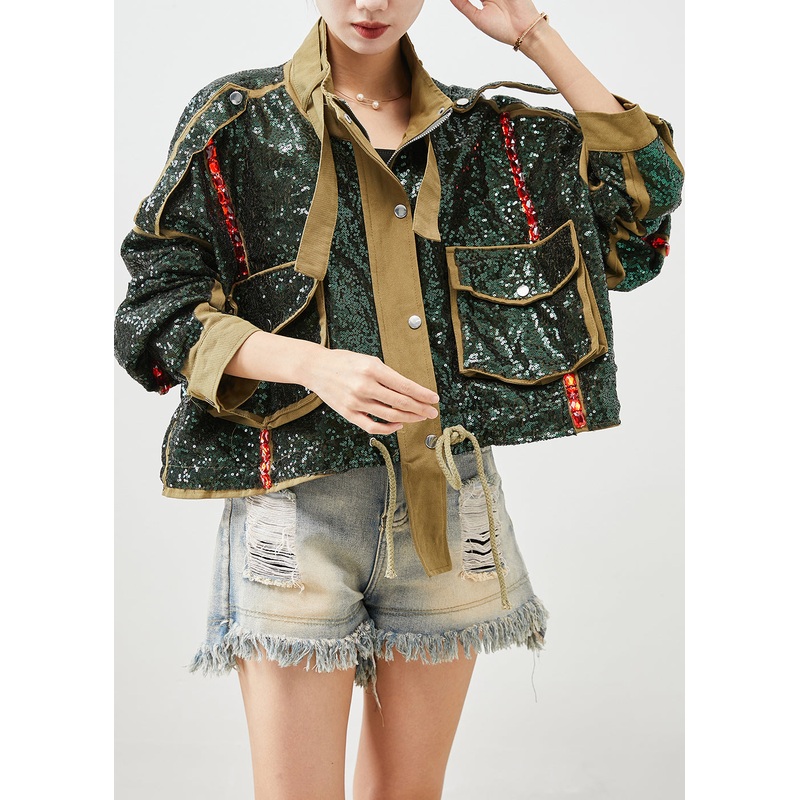 French Army Green Sequins Oversized Drawstring Jacket Fall