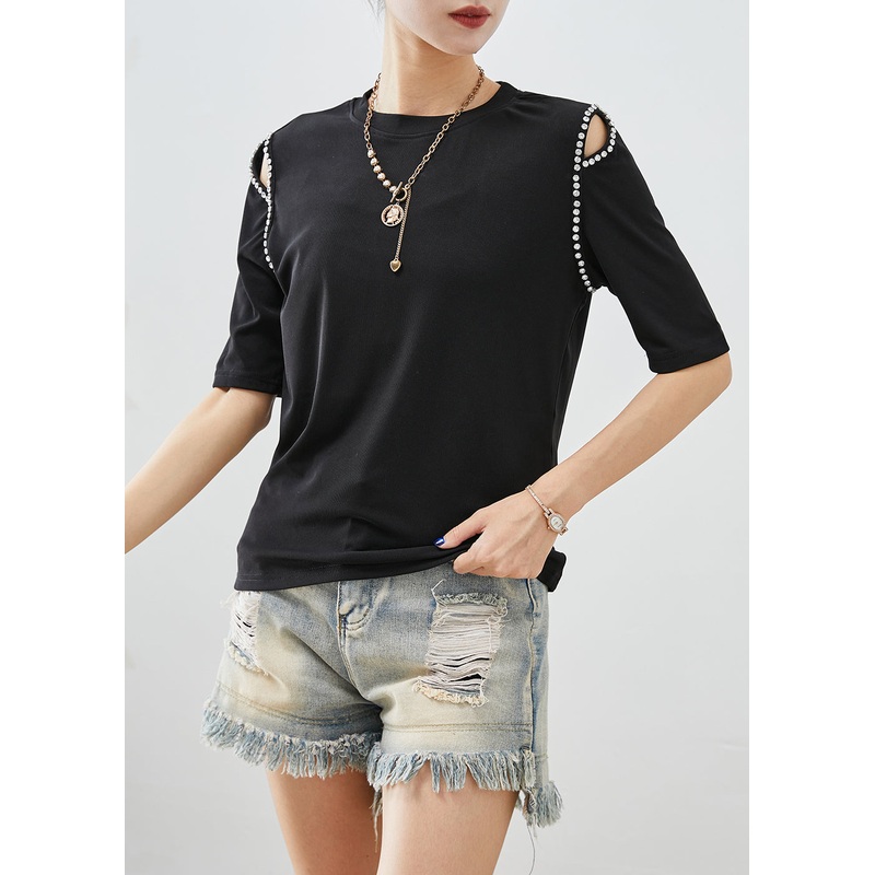 French Black Cold Shoulder Zircon Cotton Blouse Tops Half Sleeve