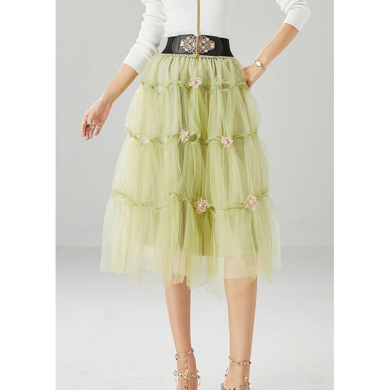 French Grass Green Floral Tulle Skirt Summer