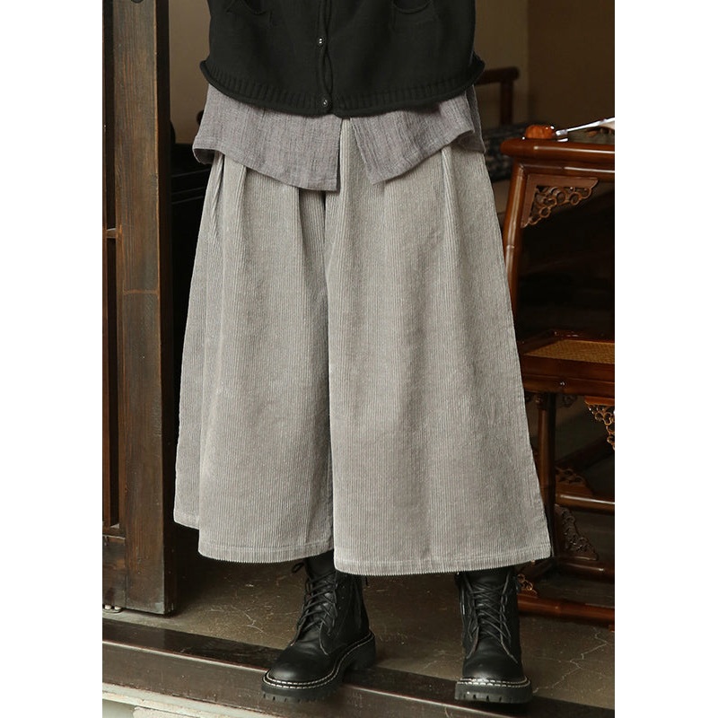 Grey Pockets Patchwork Corduroy Crop Pants High Waist Fall