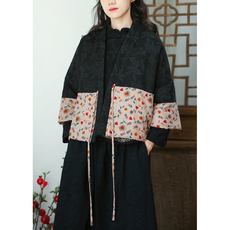 Jacquard Black Lace Up Print Cotton Filled Coat Fall