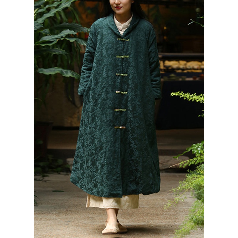 Jacquard Blackish Green Button Pockets Warm Fleece Long Coat Winter