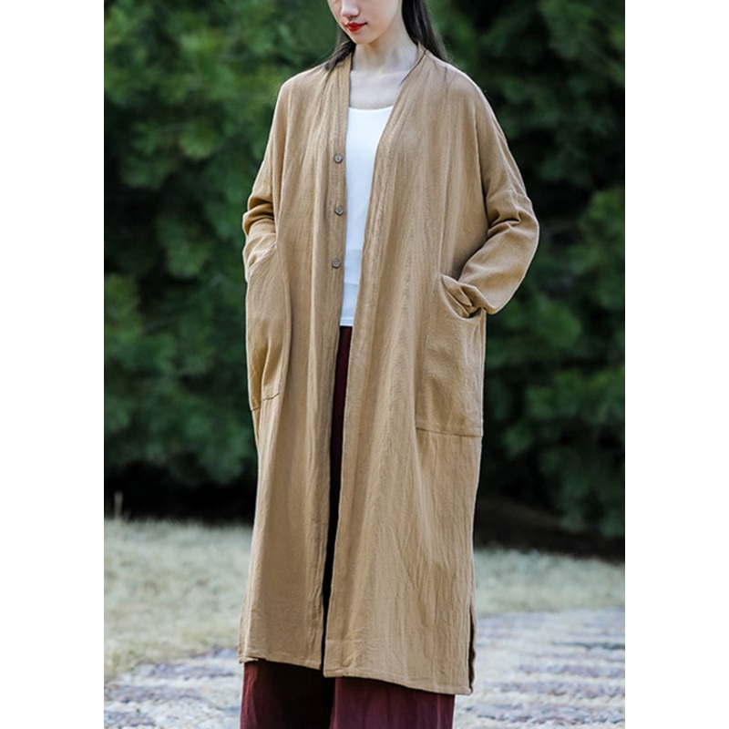 Khaki Side Open Patchwork Cotton Long Coat O Neck Long Sleeve