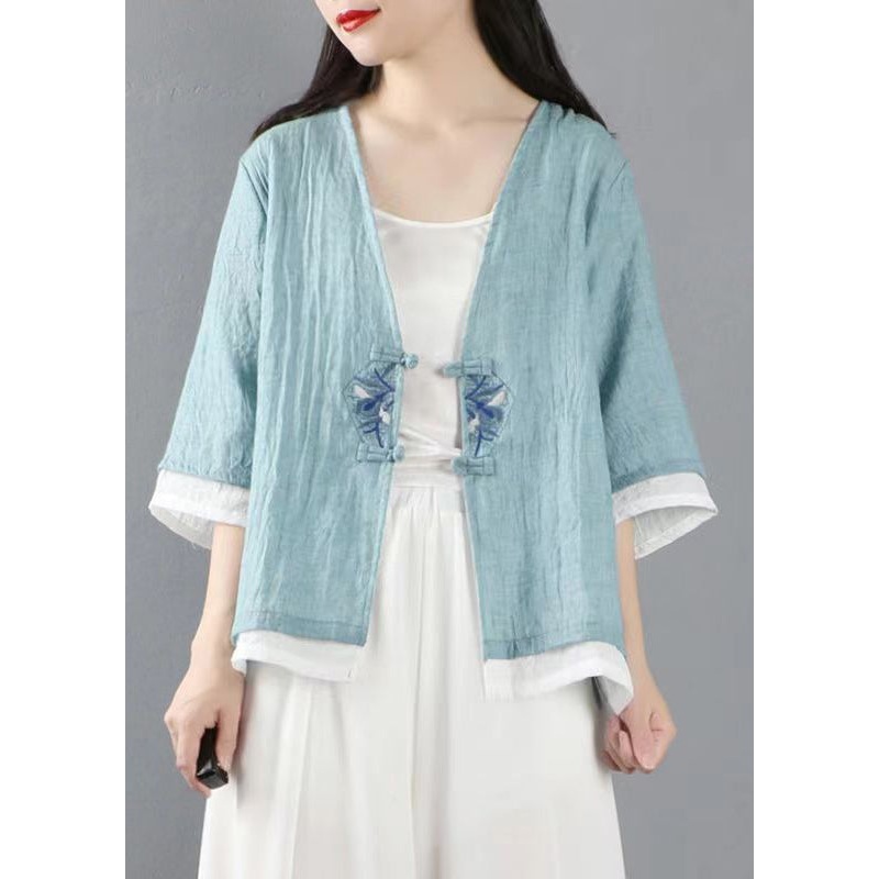 Light Blue Button Patchwork Linen Tops Coats V Neck Half Sleeve