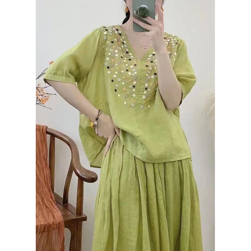 Loose Grass Green V Neck Embroideried Cotton Tops Half Sleeve