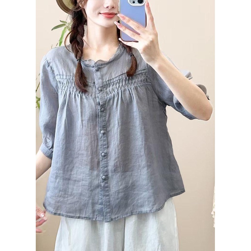 Loose Grayish Blue Ruffled Button Patchwork Cotton Shirt Half Sleeve
