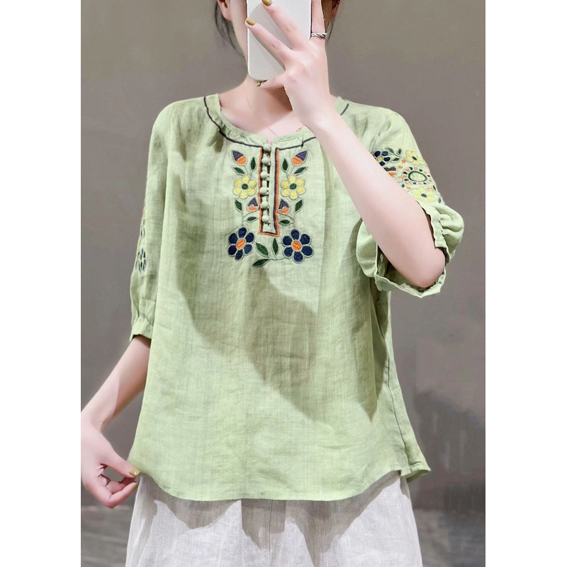 Loose Green O Neck Embroideried Patchwork Cotton T Shirt Half Sleeve