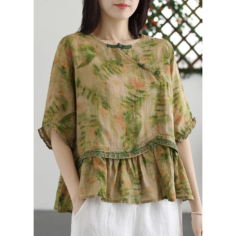 Loose Green Print Button Patchwork Cotton T Shirt Half Sleeve