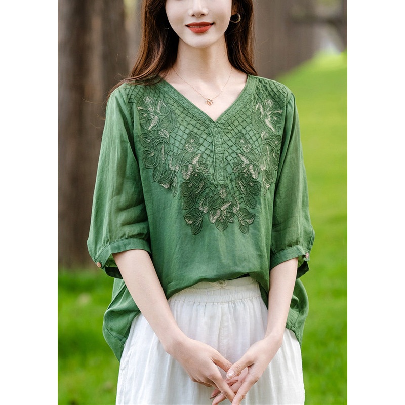 Loose Green V Neck Embroideried Patchwork Cotton T Shirt Half Sleeve