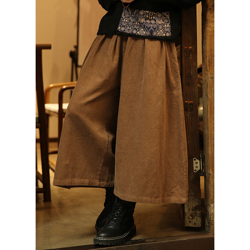 Loose Khaki Elastic Waist Corduroy Wide Leg Pants Fall