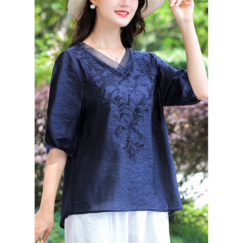 Loose Navy V Neck Embroideried Patchwork Cotton T Shirt Half Sleeve
