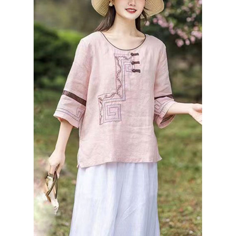 Loose Pink O-Neck Embroideried Patchwork Linen T Shirts Bracelet Sleeve