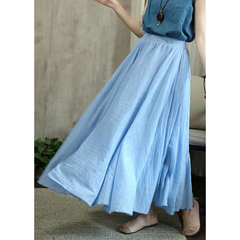 Loose Sky Blue Wrinkled Elastic Waist Cotton Skirts Fall