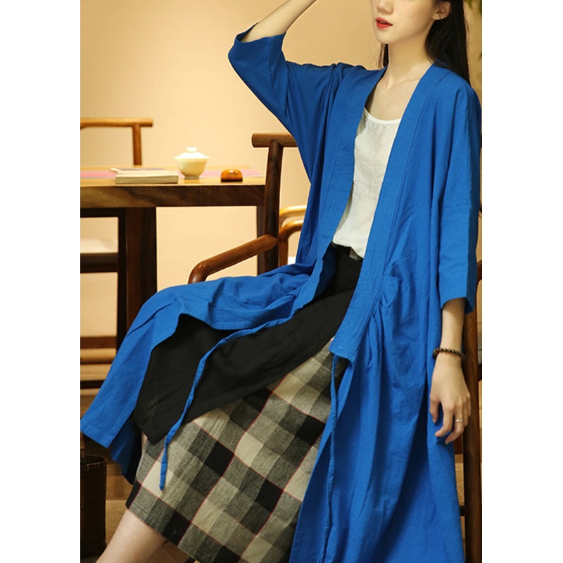 Loose Treasure Blue V Neck Lace Up Patchwork Cotton Coats Fall