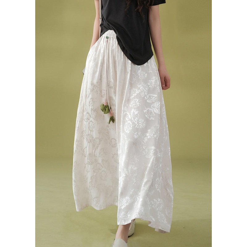 Loose White Print Elastic Waist Satin A Line Skirt Fall