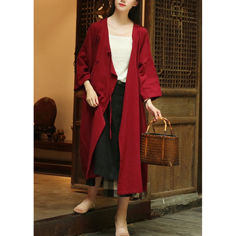 Loose Wine Red Button Lace Up Patchwork Cotton Coats Fall