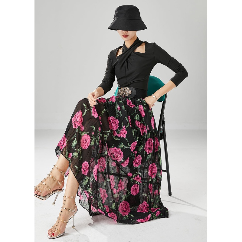Natural Black Print Exra Large Hem Chiffon Pleated Skirts Fall