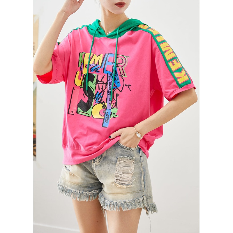 Natural Rose Hooded Patchwork Cotton Loose Sweatshirts Top Summer