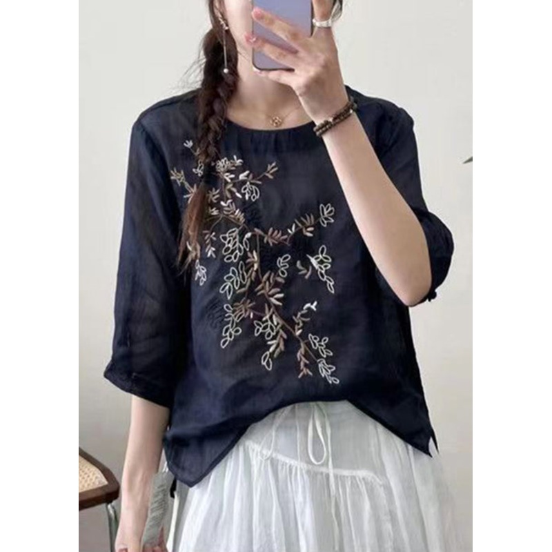 New Black O-Neck Embroideried Patchwork Cotton T Shirt Half Sleeve