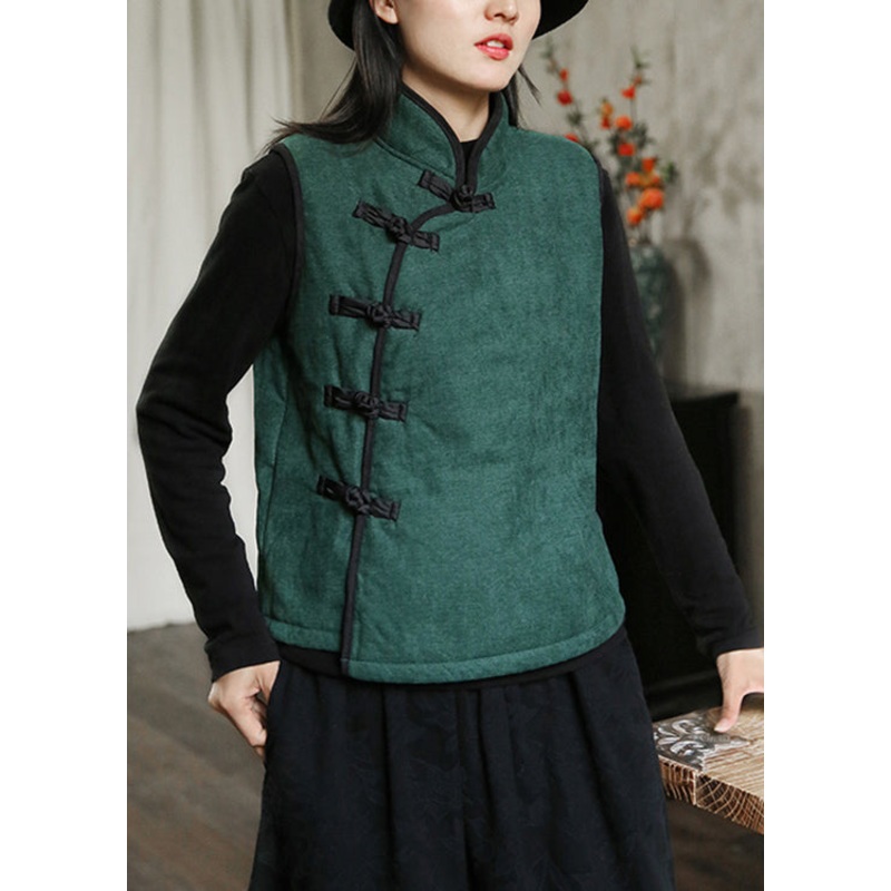 New Green Stand Collar Button Warm Fleece Waistcoat Sleeveless