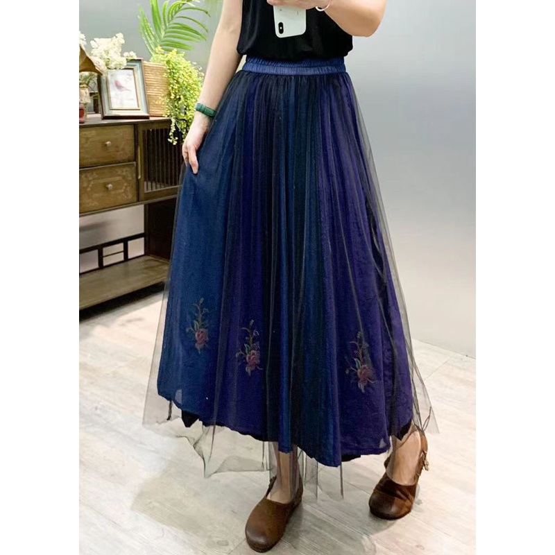 New Navy Embroideried Wrinkled Patchwork Tulle Skirts Summer