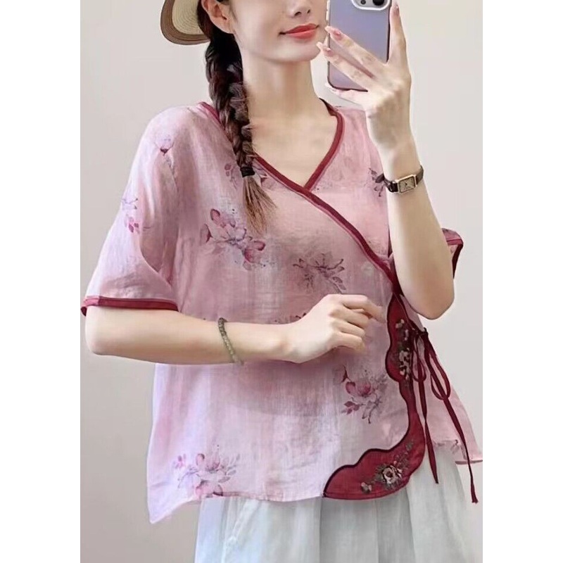 New Pink Print Lace Up Patchwork Linen Shirt Summer