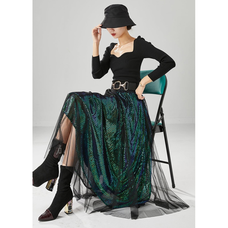 Peacock Green Silm Fit Tulle A Line Skirts Sequins Fall