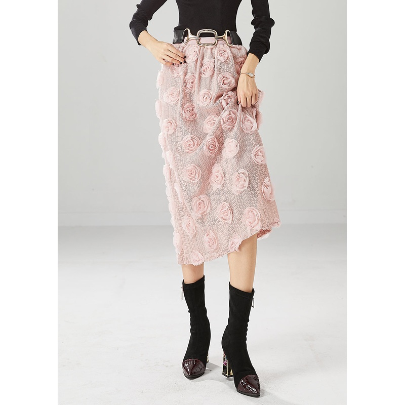 Pink Silm Fit Knit Skirts Three-dimensional Floral Fall