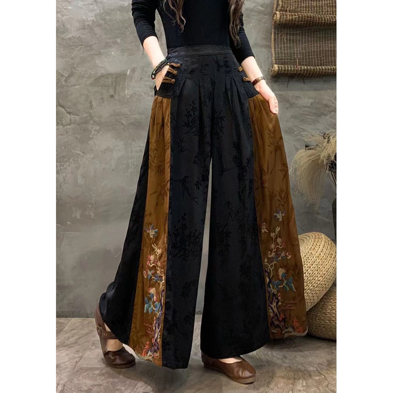 Plus Size Black Embroideried Patchwork Pockets Silk Crop Pants Fall