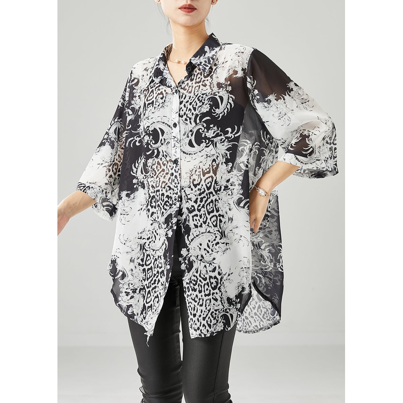 Plus Size Black White Print Oversized Chiffon Blouses Half Sleeve