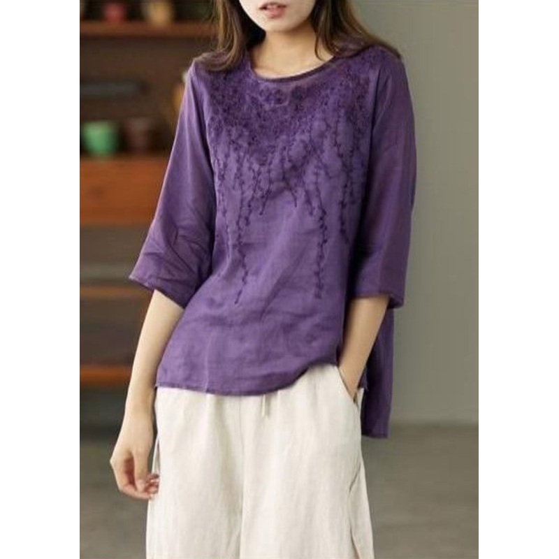 Purple Low High Design Patchwork Linen Tops Embroideried Half Sleeve