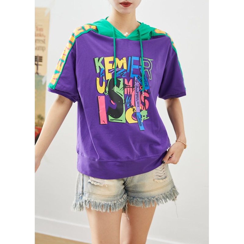 Purple Patchwork Cotton Sweatshirts Top Hooded Print Summer