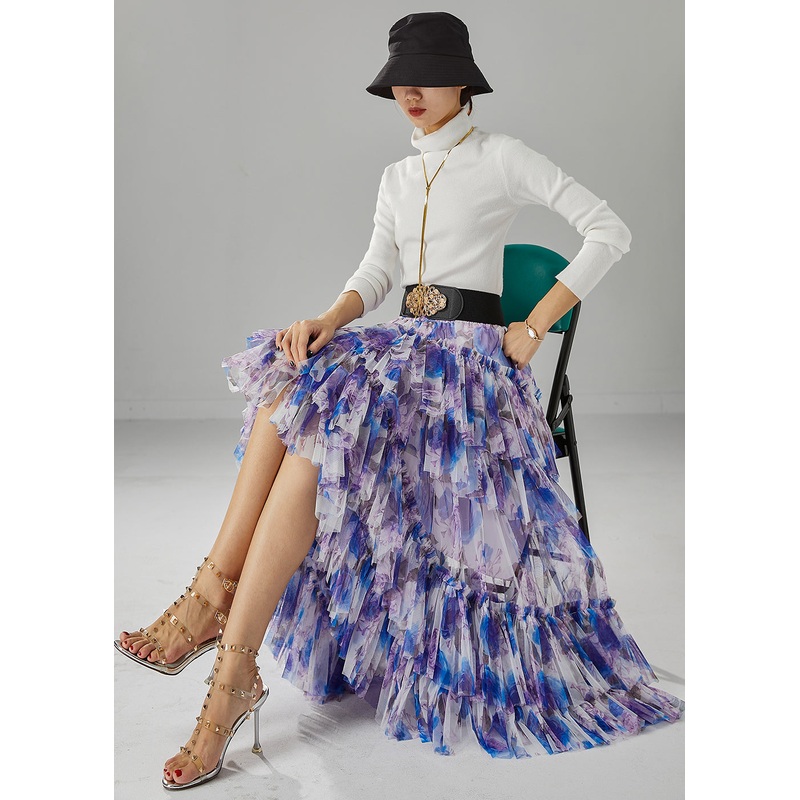 Purple Print Tulle Skirt Asymmetrical Exra Large Hem Fall