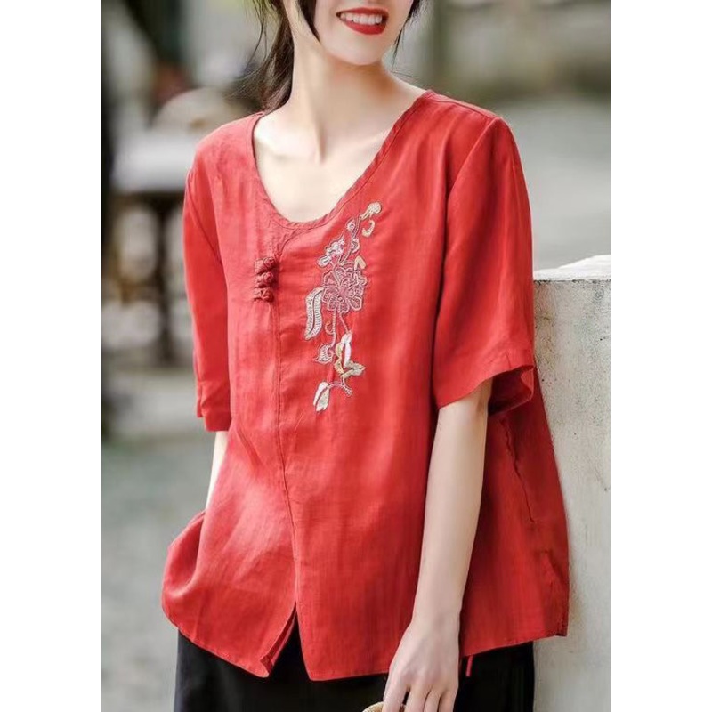 Red Side Open Patchwork Cotton T Shirt Embroideried Short Sleeve
