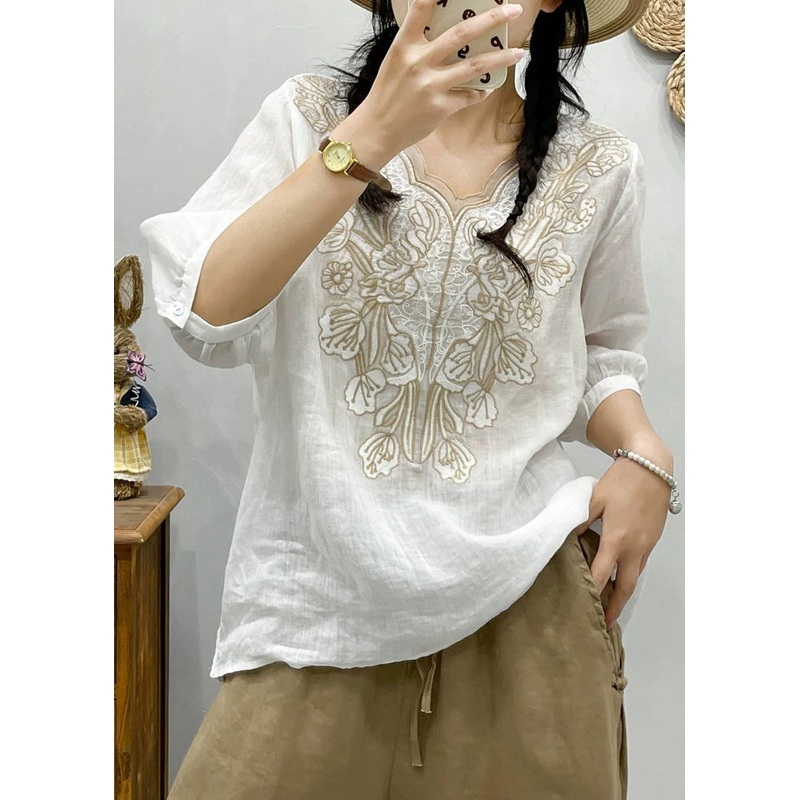 Retro White Embroideried Floral Tulle Patchwork Ramie T Shirt Summer