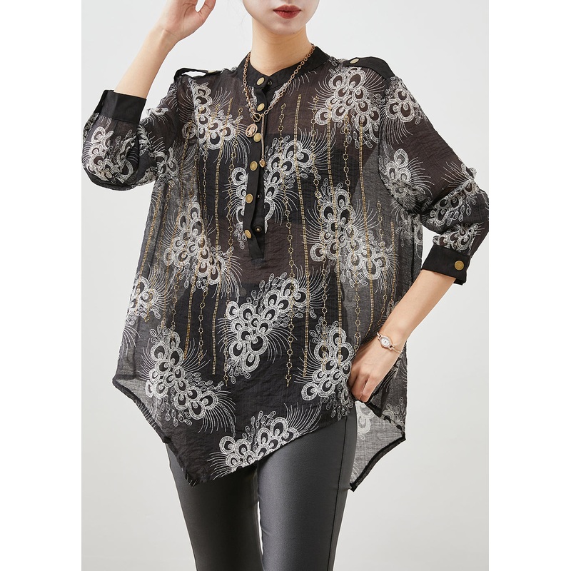 Simple Black Oversized Print Cotton Shirt Fall