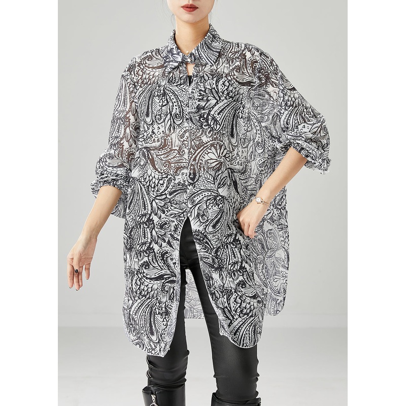 Simple Black White Print Side Open Chiffon Shirt Top Fall