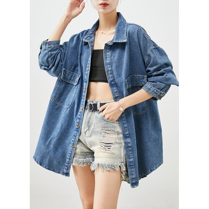 Simple Blue Oversized Pockets Denim Coat Outwear Fall
