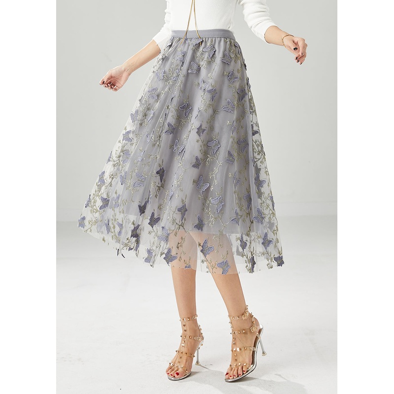 Simple Grey Embroideried Butterfly Tulle Skirt Fall