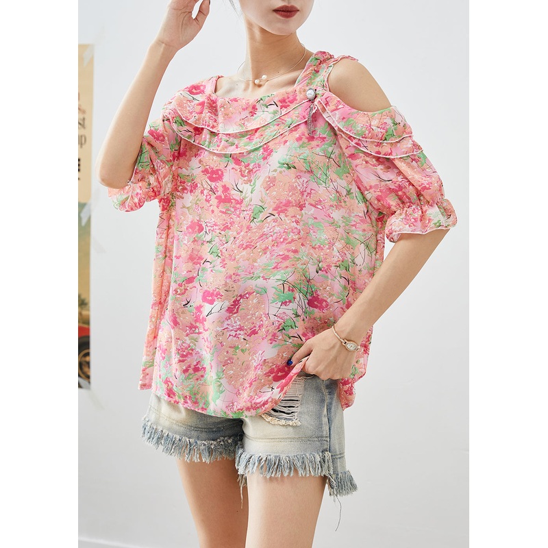 Simple Pink Cold Shoulder Print Chiffon Top Summer