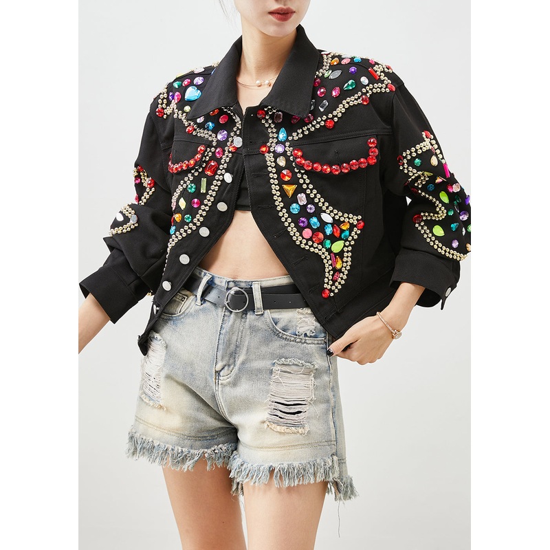 Style Black Oversized Gemstone Denim Jacket Fall