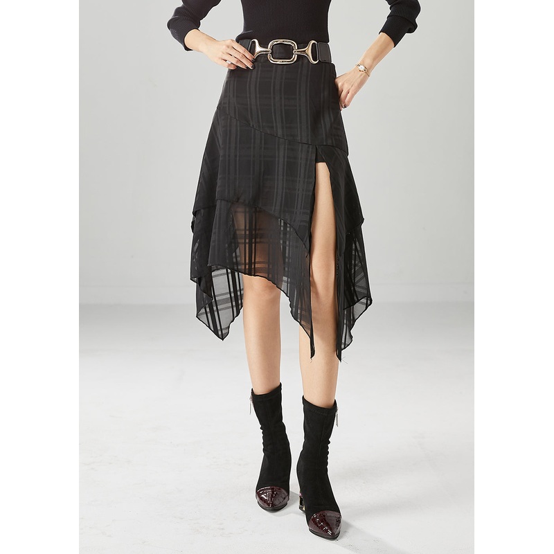 Stylish Black Asymmetrical Side Open Chiffon Skirt Summer