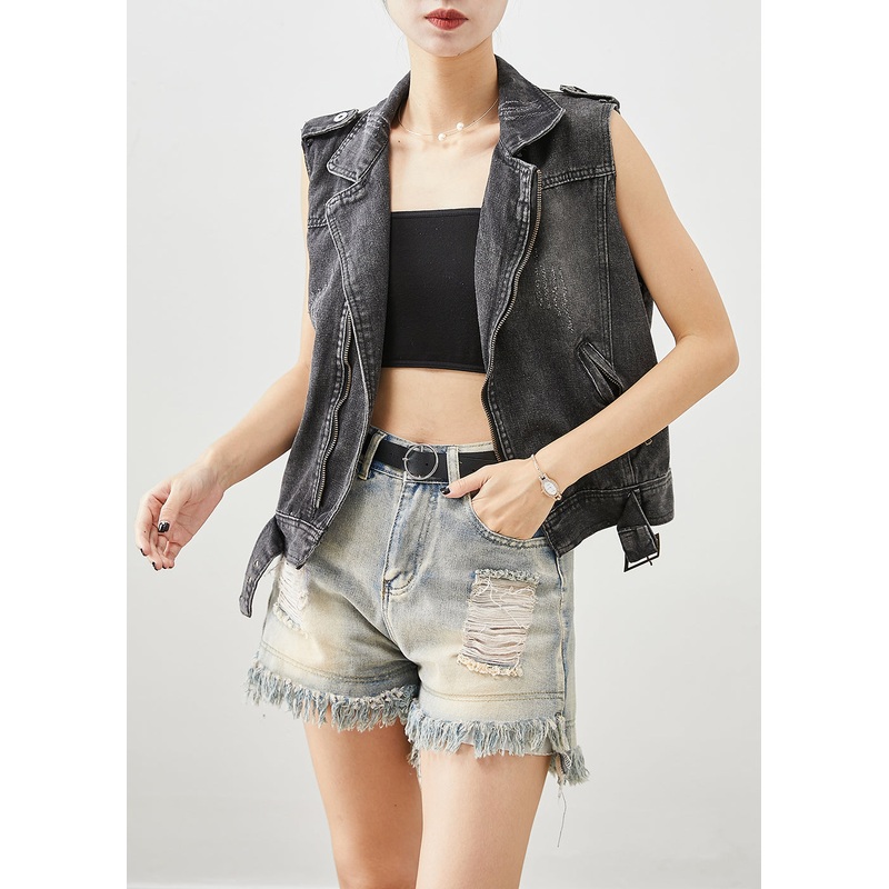 Stylish Black Zip Up Denim Ripped Vest Top Fall