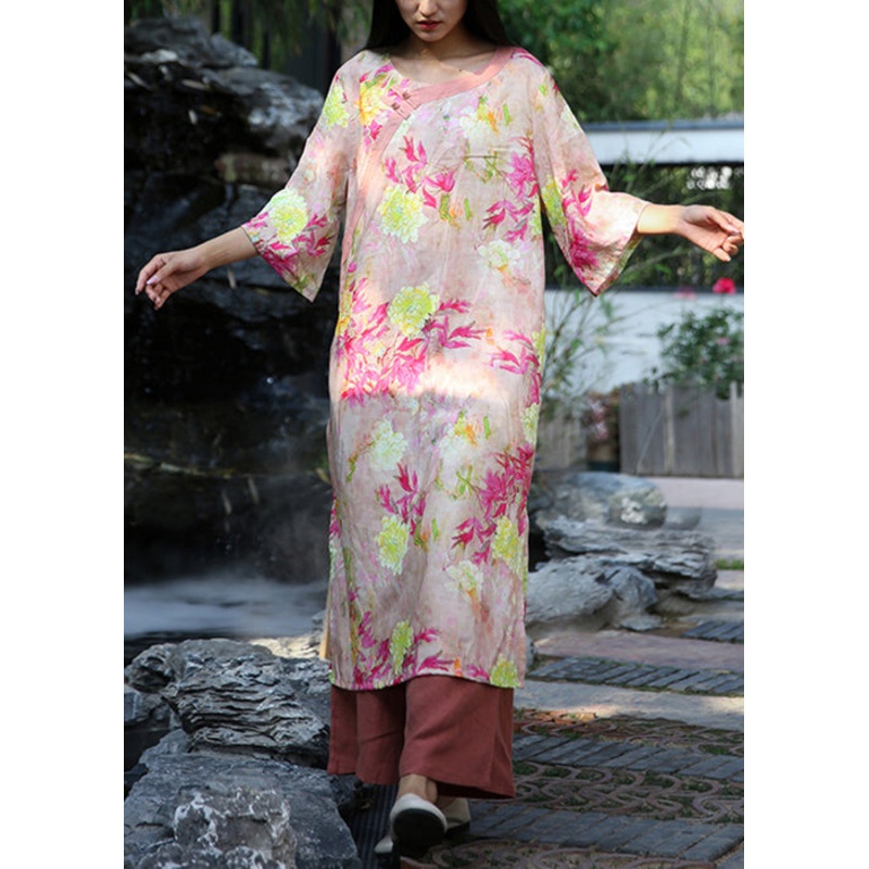 Stylish Pink Print Side Open Cotton Long Dresses Bracelet Sleeve