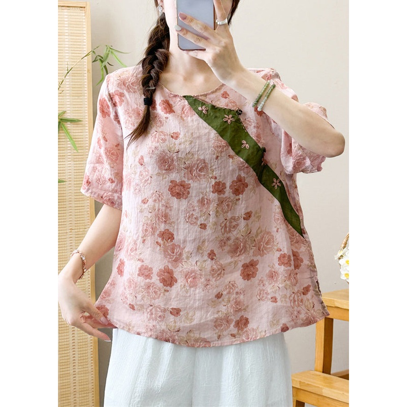 Stylish Print O-Neck Ramie T Shirt Short Sleeve