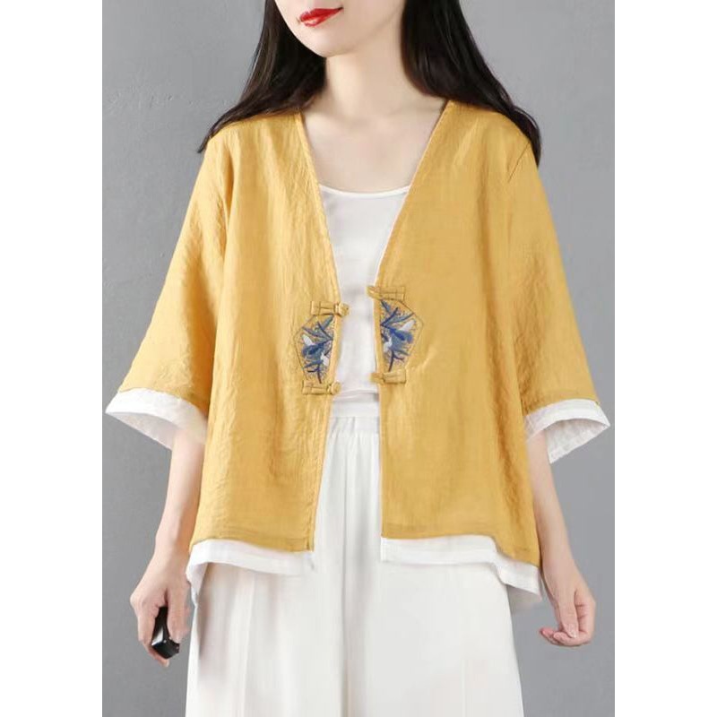 Stylish Yellow Embroideried Patchwork Cotton Tops Coats Summer