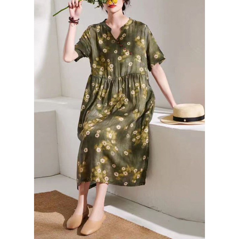 talian Green Print Wrinkled Patchwork Linen Dress Summer
