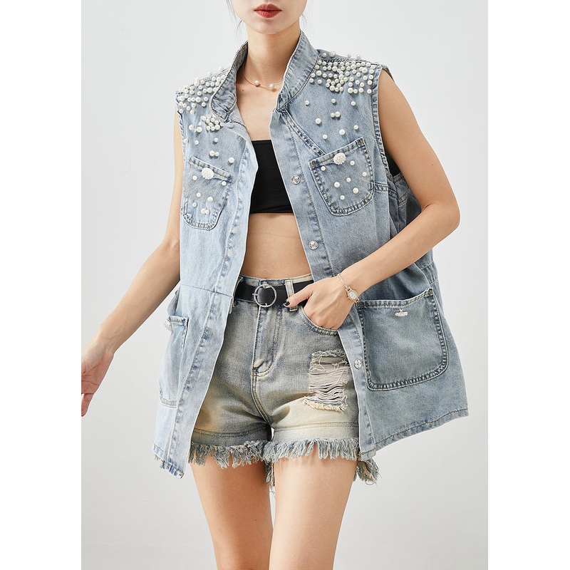 Unique Light Blue Oversized Pearl Pockets Denim Vest Fall